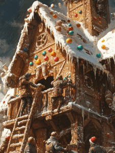 A Winter Wonderland Task as Dwarves Meticulously Craft a Grand Gingerbread House Amidst Icicles and Candy Decor on a Snowy Morning Christmas Digital Painting 18 X 24 Inch