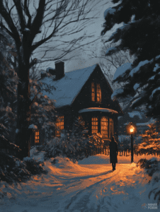 A Cozy Winter Evening with a Warmly Lit Cottage in a Snowy Forest Path Christmas Digital Painting 18 X 24 Inch