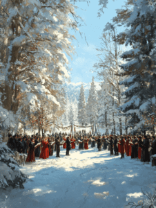 Festive Choir Singing in a Snow-Laden Forest with Tall Trees and Distant Mountains Under a Clear Blue Sky Christmas Digital Painting 18 X 24 Inch