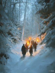 A Group of Cloaked Figures Bearing Torches Through a Snow-Laden Enchanted Forest in Twilight Hues Christmas Digital Painting 18 X 24 Inch