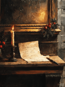 Illuminated Antique Desk with Flickering Candle Flame and Handwritten Letter Surrounded by Winter Greenery and Red Berries in Rustic Setting Christmas Digital Painting 18 X 24 Inch