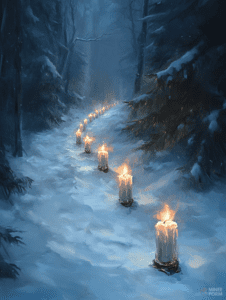 Enchanted Winter Forest with Illuminated Path of Flickering Candles Through Snow-Covered Pines Christmas Digital Painting 18 X 24 Inch