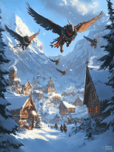 Majestic Griffins in Flight Over a Snow-Covered Village Amidst Towering Mountain Peaks as Winter Light Illuminates Rustic Homes Christmas Digital Painting 18 X 24 Inch