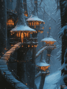 Magical Snow-Covered Treehouses Illuminated by Warm Lights on a Winter Night Christmas Digital Painting 18 X 24 Inch