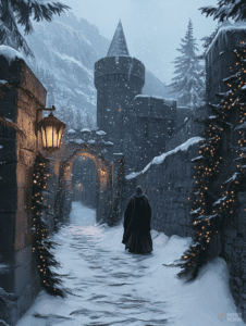 Cloaked Figure Walking Through Snowy Castle Passageway Adorned with Twinkling Lights and Lanterns Amidst Winter Landscape Christmas Digital Painting 18 X 24 Inch