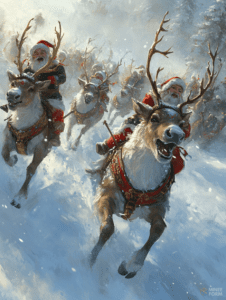 Jolly Santa Leads a Spirited Reindeer Cavalry Through a Snowy Winter Wonderland Christmas Digital Painting 18 X 24 Inch