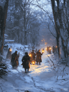 Lantern Bearers on a Winter Night Journey Through a Snow Covered Enchanted Forest Path with Flickering Flames Under Tall Shadowy Trees and Falling Snowflakes Christmas Digital Painting 18 X 24 Inch