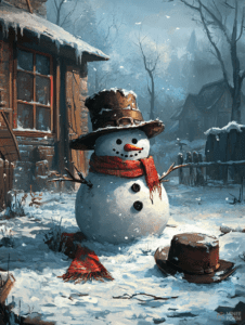 Charming Snowman Adorned with Red Scarf and Top Hat Beside a Rustic Snow-Covered Cottage in a Tranquil Winter Landscape with Bare Trees and Quaint Wooden Fences Christmas Digital Painting 18 X 24 Inch