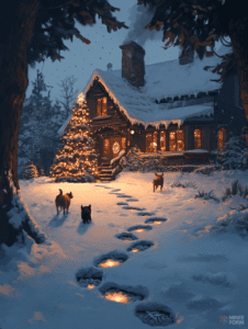 Cozy Snow-Covered Cabin with Glowing Footprints and Playful Dogs by a Festive Christmas Tree at Dusk Christmas Digital Painting 18 X 24 Inch