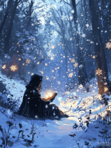 Enchanted Winter Forest with a Mysterious Hooded Figure Holding a Luminous Orb Amidst Snowflakes and Shadowy Trees Christmas Digital Painting 18 X 24 Inch