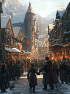 Bustling Winter Marketplace in a Snow-Covered Medieval Village with Festive Decorations and Warmly Lit Stalls Amidst a Crowd of Cloaked Figures Strolling on the Cobblestone Street Christmas Digital Painting 18 X 24 Inch