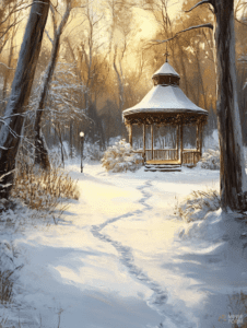 Cozy Winter Gazebo Illuminated at Sunset in a Snowy Forest Clearing with Twinkling Fairy Lights and Serene Footprints on the Fresh Blanket of Snow Christmas Digital Painting 18 X 24 Inch