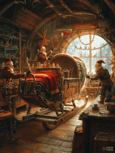 Cozy Workshop with Elves Busily Preparing Santa's Sleigh by a Frosty Window on a Winter's Morning Christmas Digital Painting 18 X 24 Inch