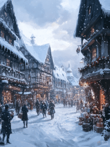 Charming Winter Village Scene on a Snowy Day with Villagers Strolling Past Festively Decorated Timber Frame Buildings Illuminated by Warm Lights and Laden with Gift Packages Christmas Digital Painting 18 X 24 Inch