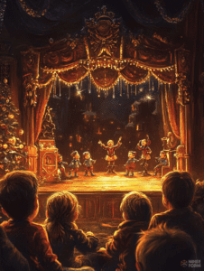 Enchanting Puppet Show Illuminated by Warm Glows on a Night Stage with Captivated Children in Audience Christmas Digital Painting 18 X 24 Inch