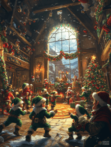 Elves and Santa Celebrating in a Festive and Cozy Workshop with a Grand Window Overlooking Snowy Mountains Christmas Digital Painting 18 X 24 Inch