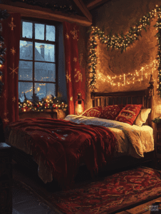 Cozy Winter Bedroom with Festive Garland and Warm Lantern Light Overlooking Snowy Village Through Frosted Window Christmas Digital Painting 18 X 24 Inch