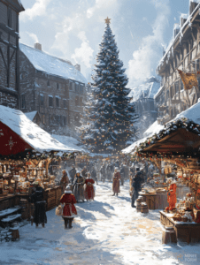 Bustling Christmas Market Square with Snow-Covered Rooftops and a Towering Decorated Fir Tree Surrounded by Festive Stalls and Shopping Villagers in Winter Attire Christmas Digital Painting 18 X 24 Inch