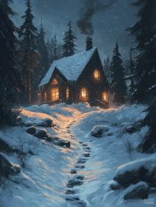 Cozy Cabin Nestled in a Snowy Forest Clearing with Warm Glowing Windows and a Smoky Chimney Surrounded by Tall Pine Trees Under a Starry Night Sky Christmas Digital Painting 18 X 24 Inch