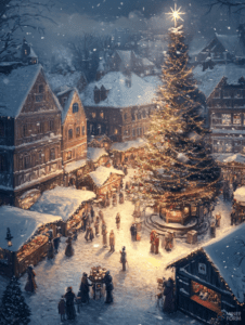 Enchanting Winter Evening in a Bustling Snow-Covered Village Square with a Majestic Christmas Tree Illuminated by Twinkling Lights and Gathered Festive Crowd Christmas Digital Painting 18 X 24 Inch