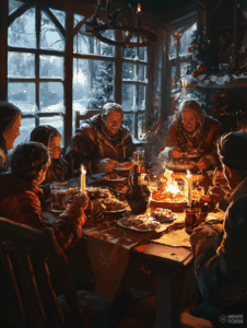 Cozy Winter Feast in a Rustic Cabin Illuminated by Candlelight with Family Gathered Amidst Snowy Landscape Christmas Digital Painting 18 X 24 Inch