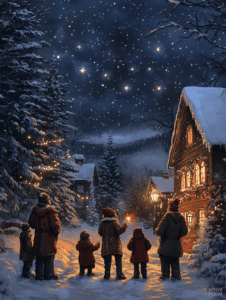 Family Stargazing Under a Magical Winter Sky in a Snowy Village Scene Christmas Digital Painting 18 X 24 Inch