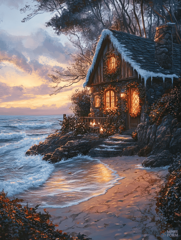 Cozy Wooden Cottage Overlooking a Tranquil Ocean at Sunset with Glistening Icicles and Warmly Lit Windows Surrounded by Snow-Dusted Trees and Gentle Waves Caressing the Sandy Shoreline Christmas Digital Painting 18 X 24 Inch