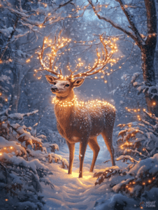 Majestic Deer Illuminated by Twinkling Lights in a Snow Covered Enchanted Winter Forest Christmas Digital Painting 18 X 24 Inch