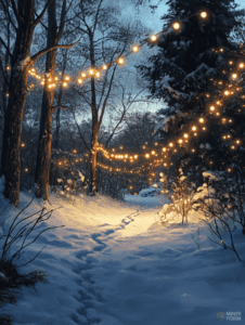 Snowy Woodland Path Illuminated by Enchanting Strings of Warm Glowing Lights Under a Twilight Sky Christmas Digital Painting 18 X 24 Inch