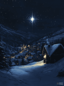 Starry Night Over a Snow-Covered Village Illuminated by Warm Glows and Surrounded by Majestic Mountain Ridges Christmas Digital Painting 18 X 24 Inch