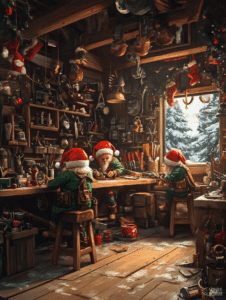 Santa's Workshop with Busy Elves Crafting Toys Amidst Holiday Decorations and a Wintery View Christmas Digital Painting 18 X 24 Inch