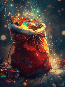 Enchanted Christmas Sack Overflowing with Gleaming Gifts Under a Starry Winter Sky Christmas Digital Painting 18 X 24 Inch