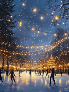 Skaters Enjoying a Magical Winter Evening Under String Lights and Falling Snowflakes in a Charming Holiday Park Christmas Digital Painting 18 X 24 Inch