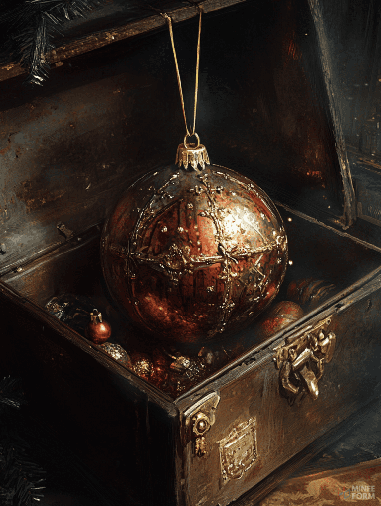 Gleaming Giant Ornament Resting in an Antique Treasure Chest Among Sparkling Decorations and Pine Branches Christmas Digital Painting 18 X 24 Inch