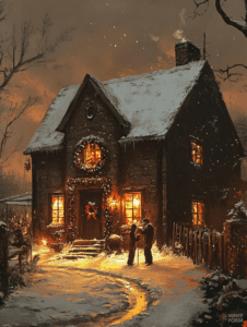 Cozy Winter Evening at a Snow-Covered Cottage with Warm Light and Christmas Decorations as Two People Share a Heartfelt Moment on the Snowy Path Christmas Digital Painting 18 X 24 Inch