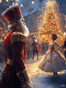 Grand Festive Gathering in a Snowy Village with Ornate Uniformed Figures and Glittering Christmas Tree Under a Starlit Winter Sky Christmas Digital Painting 18 X 24 Inch