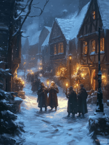 Winter Night Procession in a Snow-Draped Medieval Village with Carolers Holding Glowing Torches on a Quaint Cobblestone Street Bustling with Warmth and Cheer Christmas Digital Painting 18 X 24 Inch