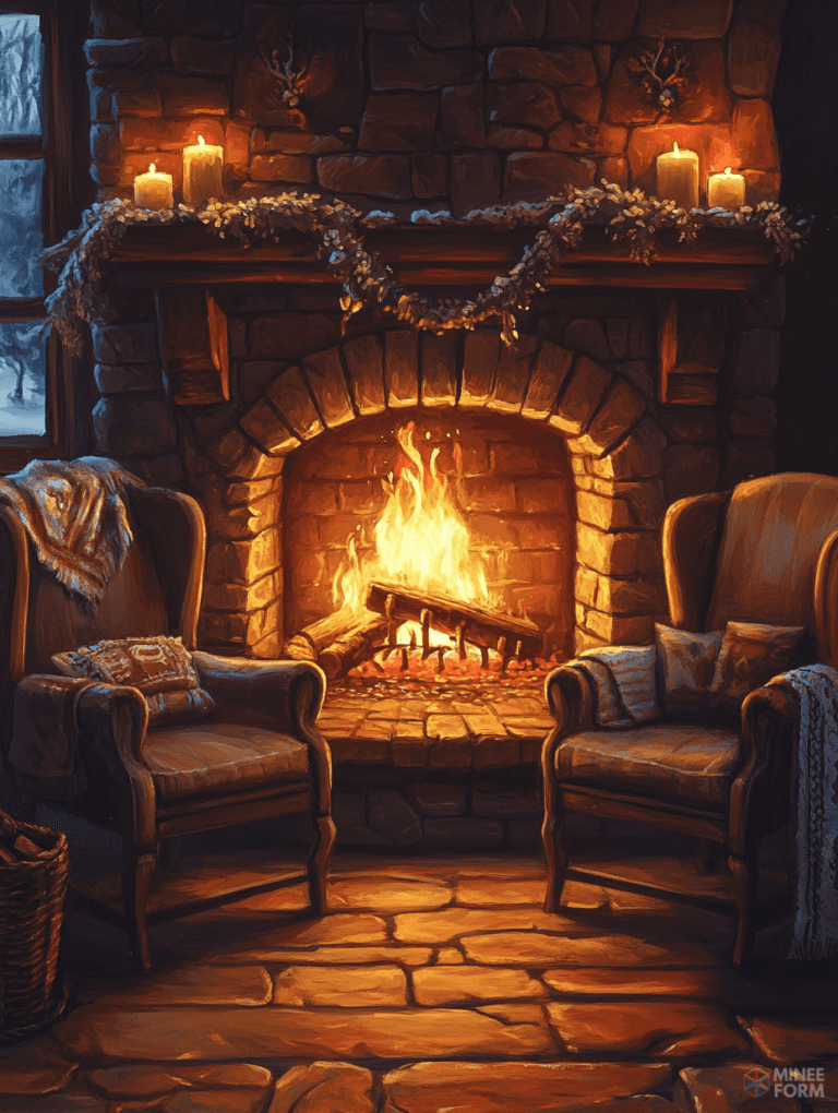 Cozy Winter Hearth with Flickering Flames and Candlelit Charm in a Rustic Stone Cabin Christmas Digital Painting 18 X 24 Inch