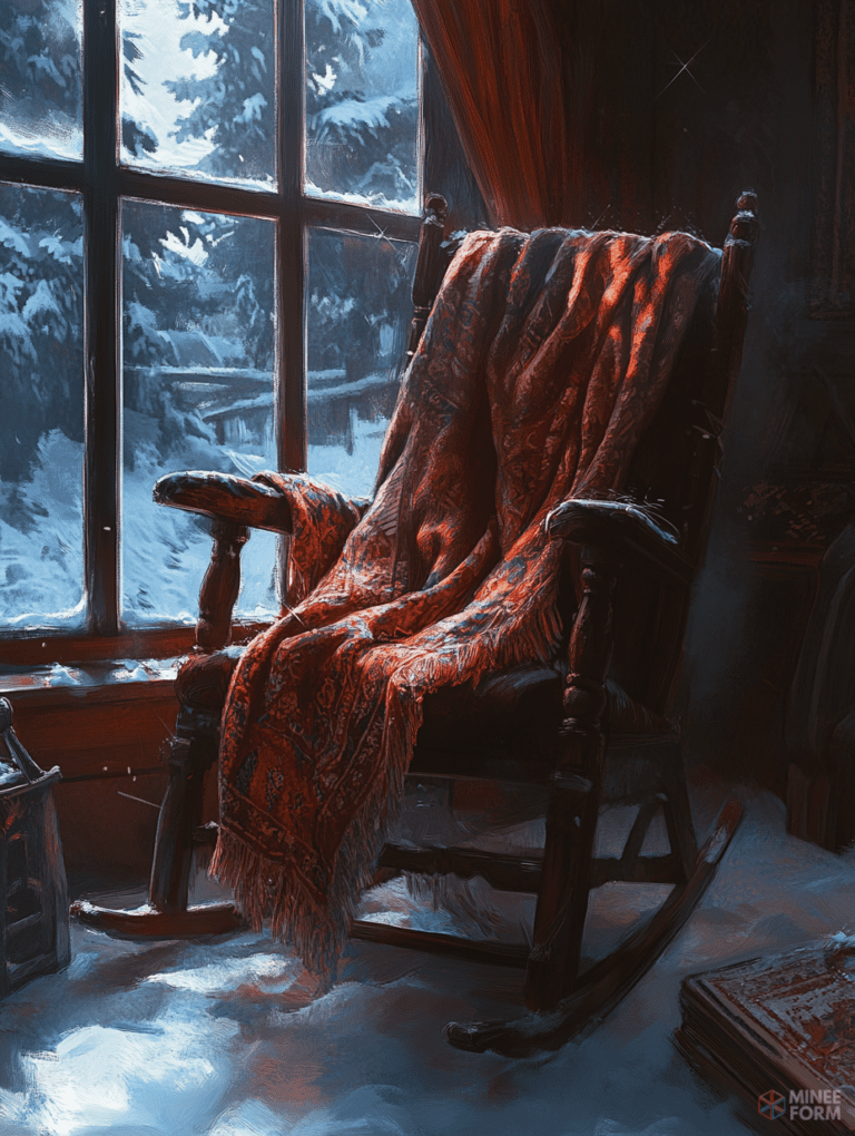 Warm Embrace of a Tapestry Drenched Rocking Chair by the Frosted Winter Window Scene with Glistening Snow and Cascading Shadows Christmas Digital Painting 18 X 24 Inch