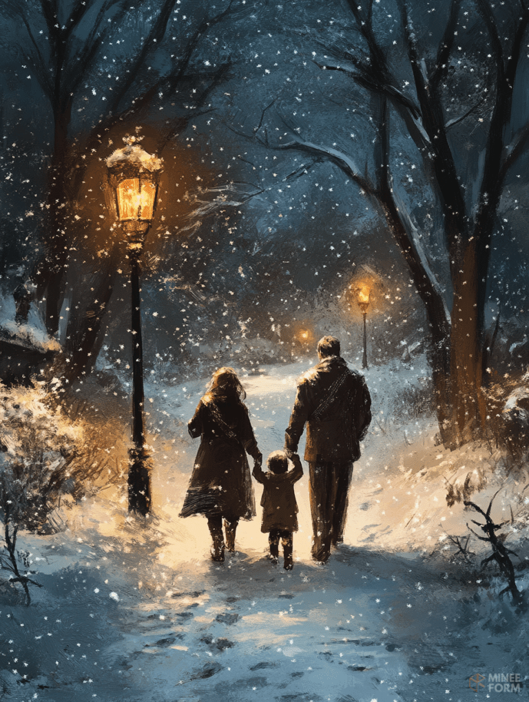 A Family's Winter Stroll Through a Snowy Forest Path Illuminated by Warmly Lit Lampposts Christmas Digital Painting 18 X 24 Inch