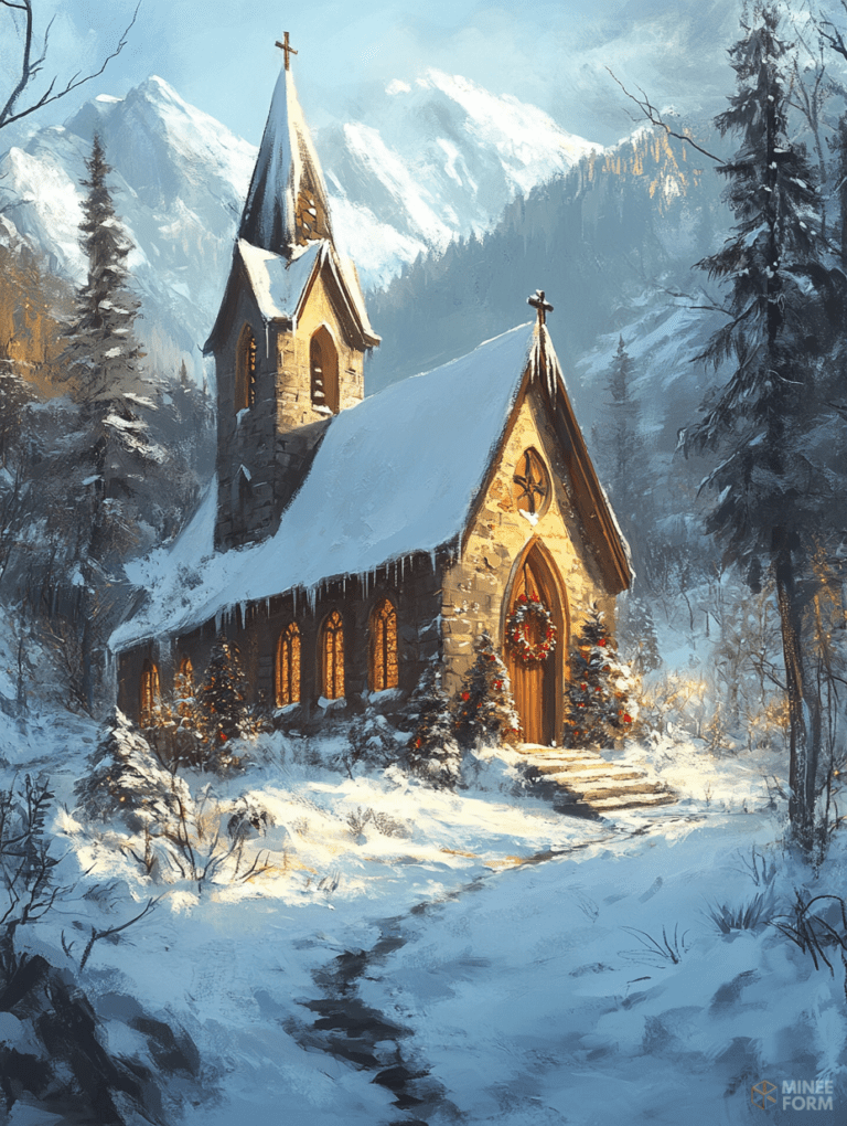 Charming Snow-Covered Chapel Nestled Amidst Majestic Winter Mountains with Festive Holiday Wreaths and Glistening Icicles Christmas Digital Painting 18 X 24 Inch