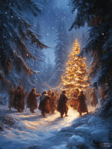 A Magical Celebration in a Snowy Forest as a Group of Travelers Gather Around a Glowing Tree Under a Starlit Winter Sky Christmas Digital Painting 18 X 24 Inch