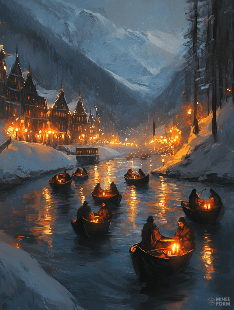 Enchanting Winter Night in a Snowy Village with Lantern-Lit Boats on a Tranquil River Surrounded by Majestic Mountains and Glowing Fires Christmas Digital Painting 18 X 24 Inch