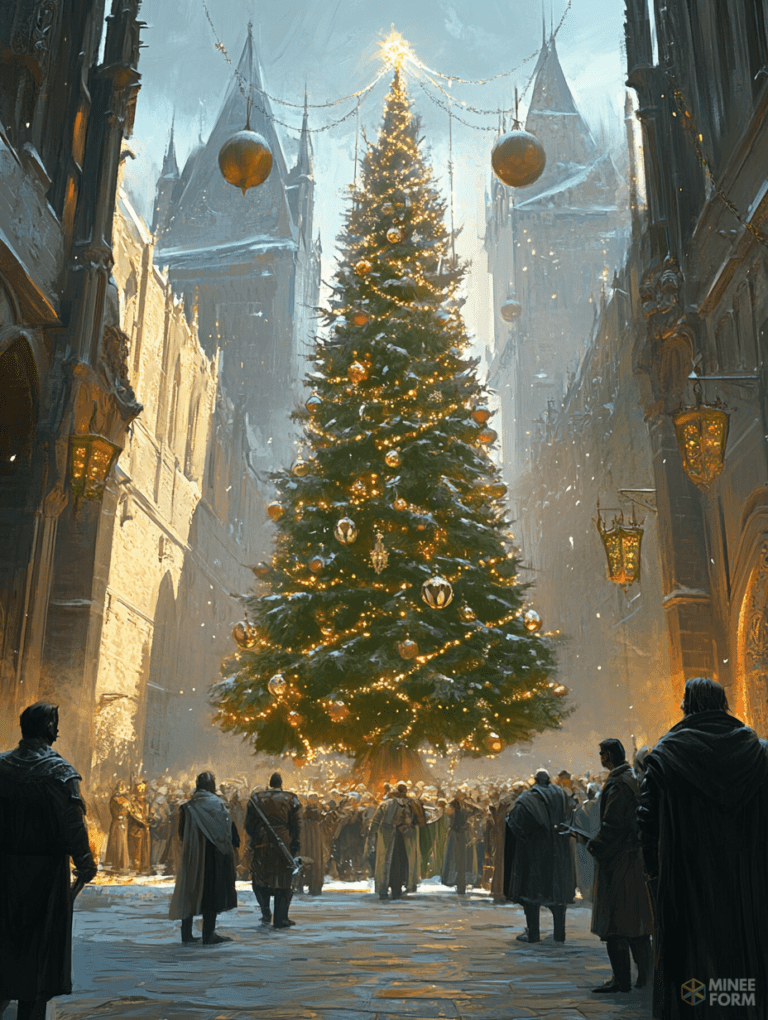 Majestic Celebration Under the Grand Towering Christmas Tree in a Snowy Medieval Courtyard Surrounded by Gathered Townsfolk and Regal Figures Christmas Digital Painting 18 X 24 Inch