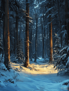 Sunlit Path Through the Enchanted Snow-Covered Forest Christmas Digital Painting 18 X 24 Inch