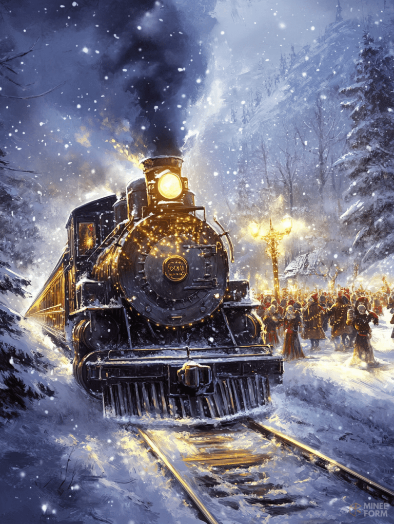 Majestic Steam Locomotive Illuminated by Golden Lights as It Powers Through a Snowy Forest with a Festive Crowd Nearby Christmas Digital Painting 18 X 24 Inch