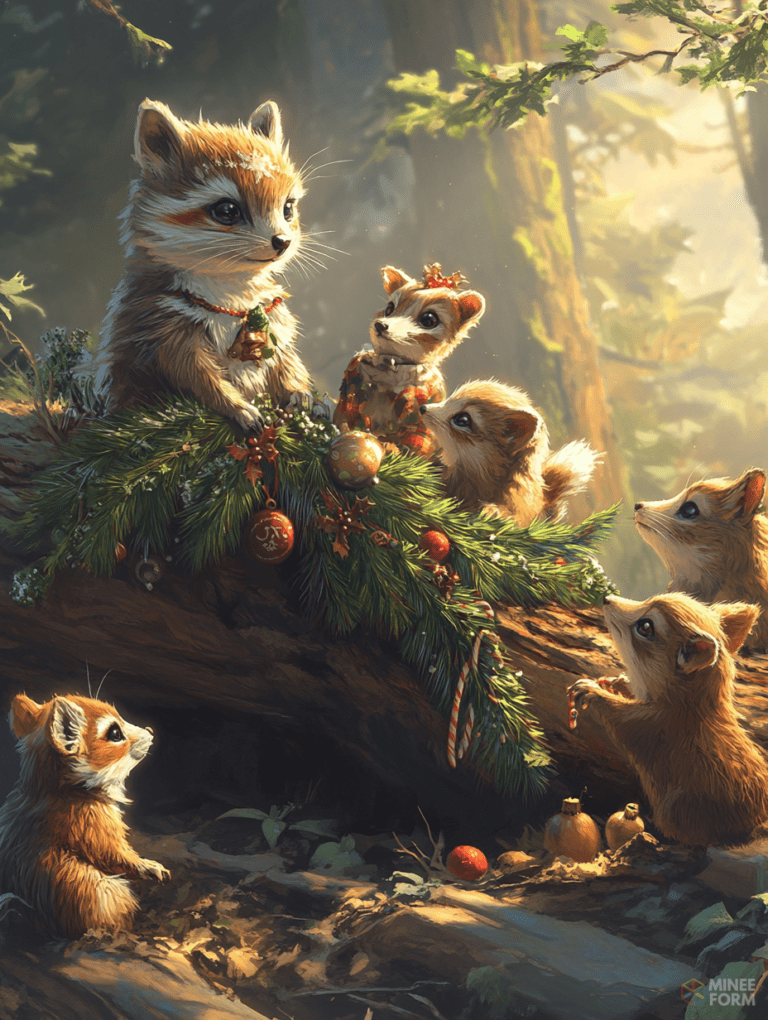 Enchanted Woodland Gathering of Festive Baby Raccoons Among Decorated Pine Boughs in Sunlit Forest Christmas Digital Painting 18 X 24 Inch