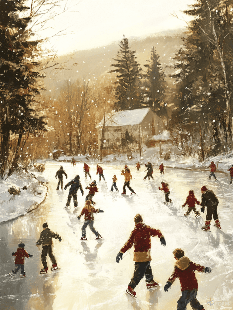 Joyful Winter Day on a Frozen Pond with Families Ice Skating Amidst Snowy Evergreen Trees and a Cozy Cabin in the Background Christmas Digital Painting 18 X 24 Inch