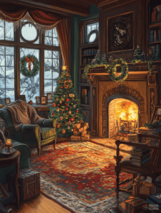 Cozy Winter Wonderland Living Room with Festive Christmas Decorations and Warm Fireplace Glow Christmas Digital Painting 18 X 24 Inch