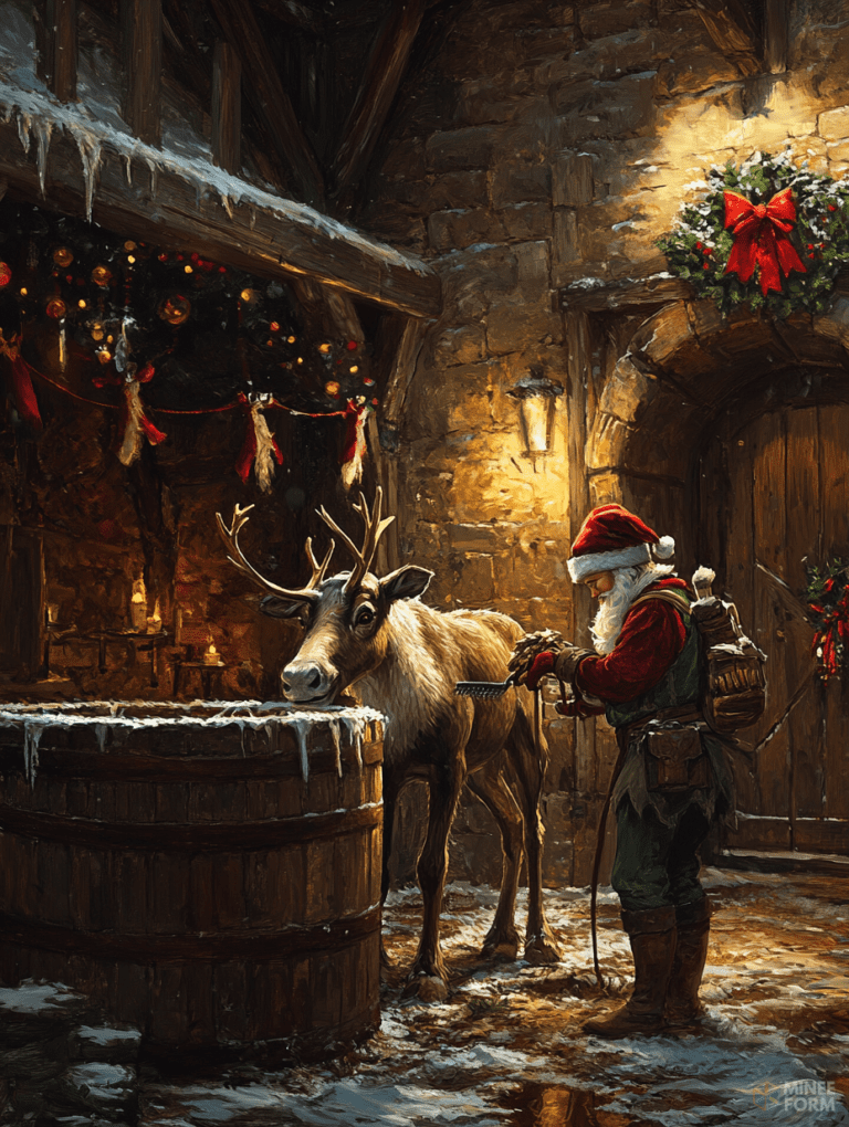 Santa Claus Tending to a Reindeer in a Cozy Snow-Dusted Workshop Illuminated by Warm Candlelight and Festive Holiday Decor Christmas Digital Painting 18 X 24 Inch